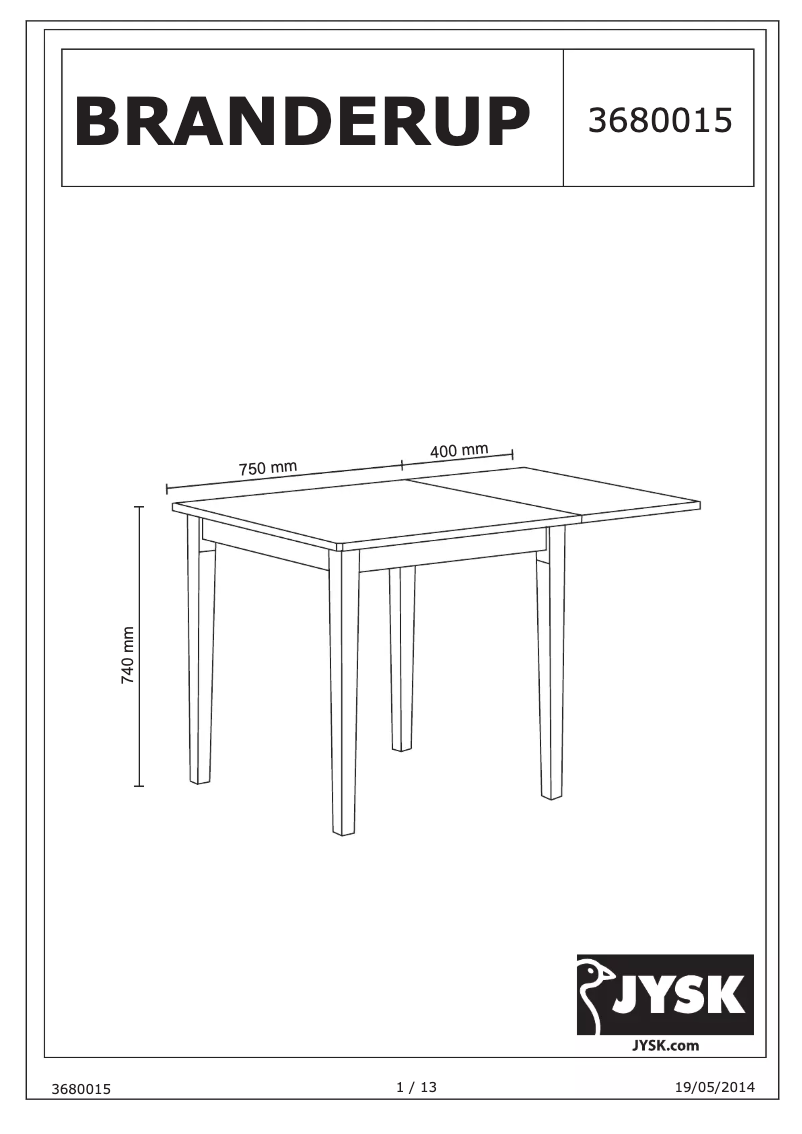 Page 1 de la notice Manuel utilisateur JYSK Branderup (75x75)