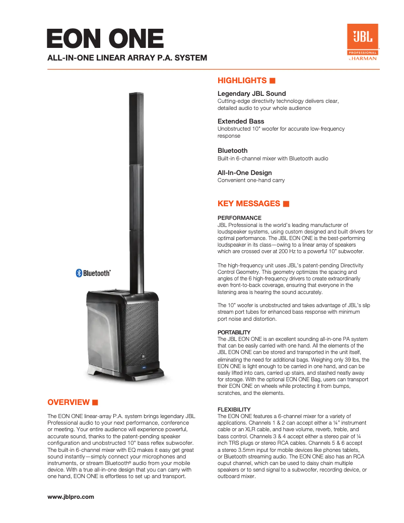 Page 1 de la notice Fiche technique JBL EON ONE