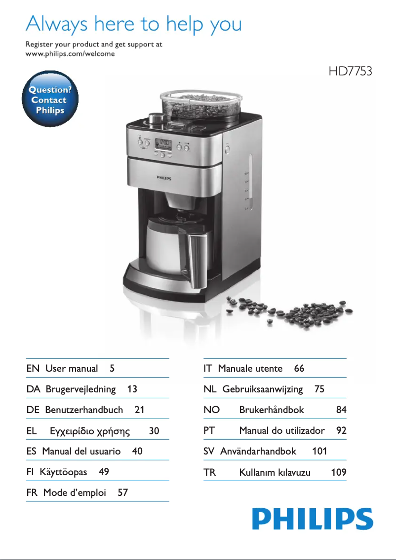 Page 1 de la notice Manuel utilisateur Philips Grind & Brew HD7753