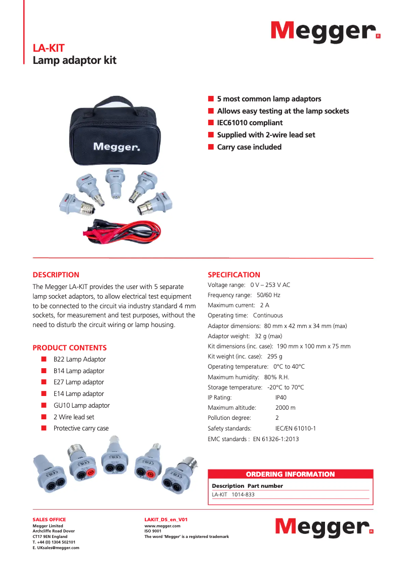 Page 1 de la notice Fiche technique Megger LA-KIT
