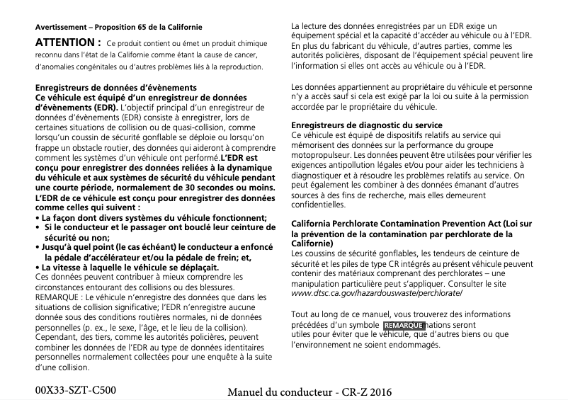 Page 1 de la notice Manuel utilisateur Honda CR-Z (2016)