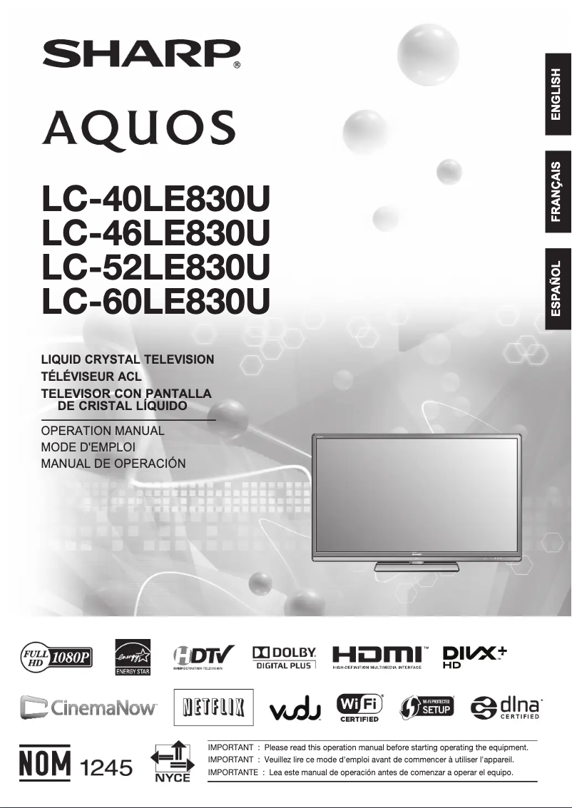 Page 1 de la notice Manuel utilisateur Sharp Aquos LC-52LE830U