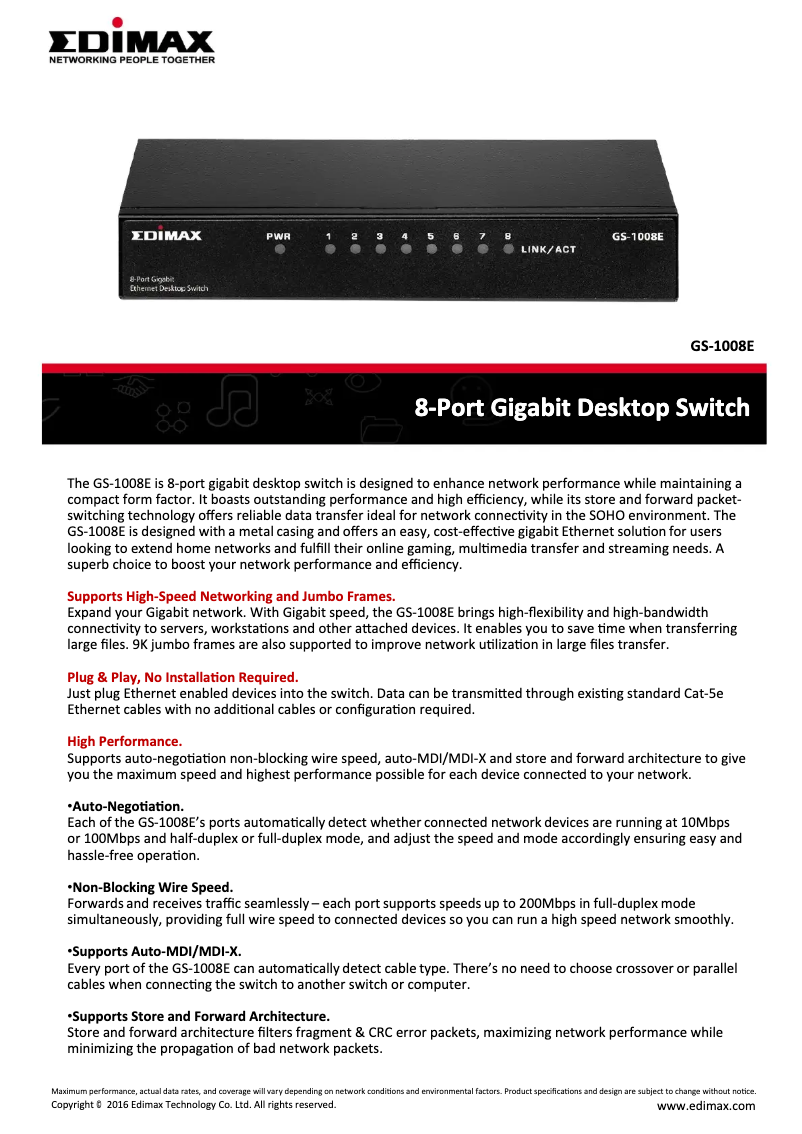 Page 1 de la notice Fiche technique Edimax GS-1008E
