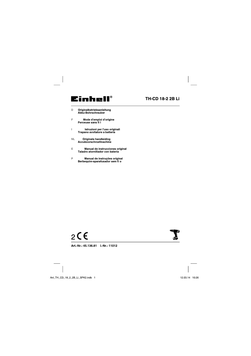 Page n°1 - Manuel utilisateur Einhell TH-CD 18-2 2B Li