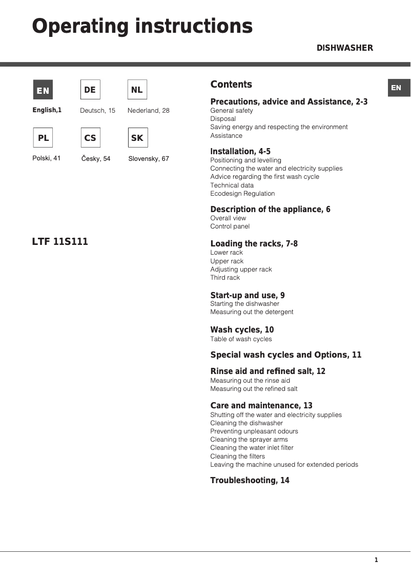 Page 1 de la notice Manuel utilisateur Hotpoint Ariston LTF 11S111