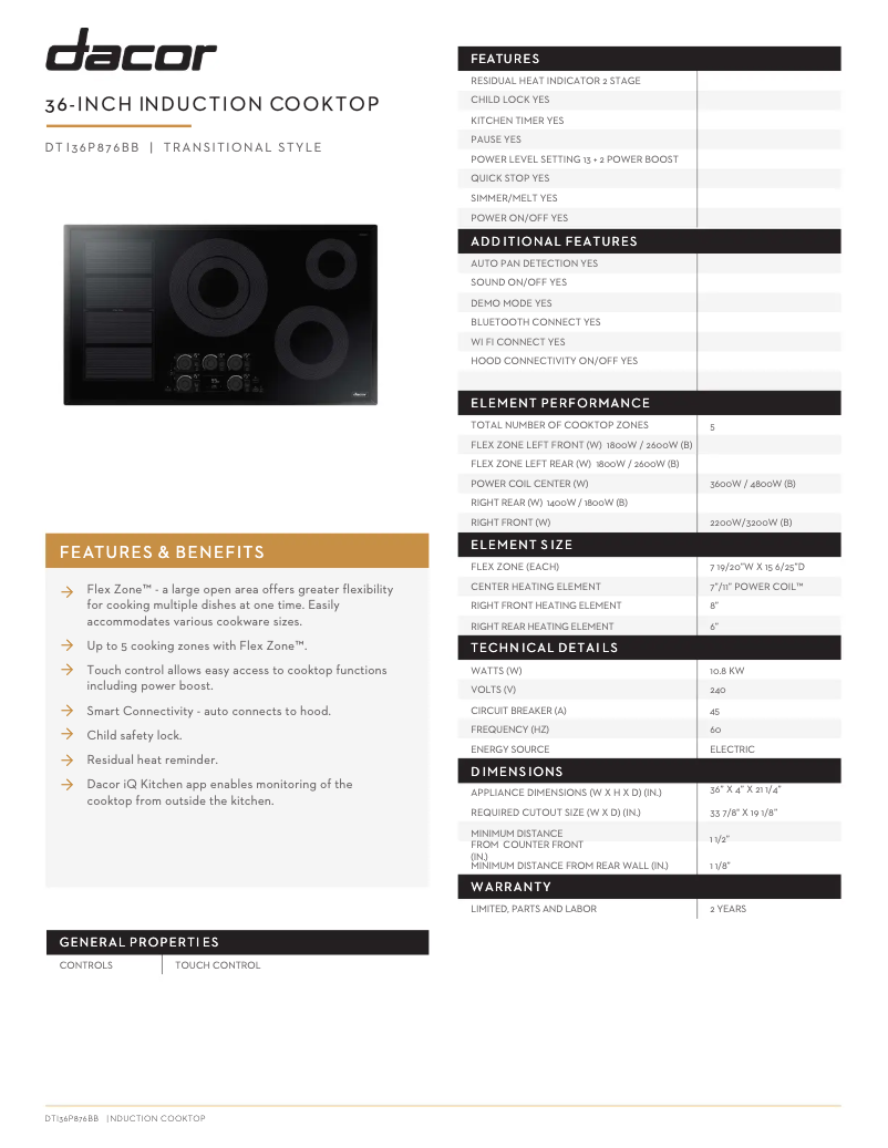 Page n°1 - Fiche technique Dacor DTI36P876BB