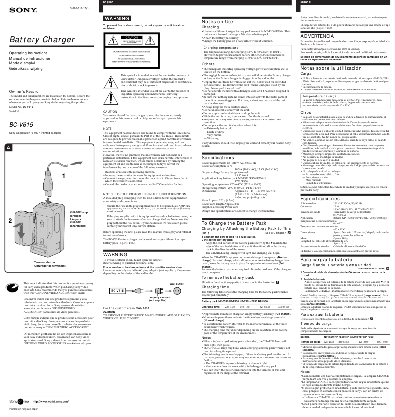 Page 1 de la notice Manuel utilisateur Sony BC-V615