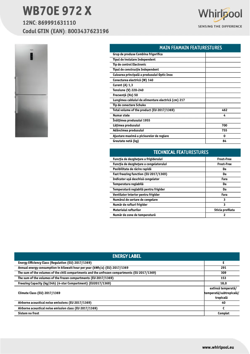 Page 1 de la notice Fiche technique Whirlpool WB70E 972 X