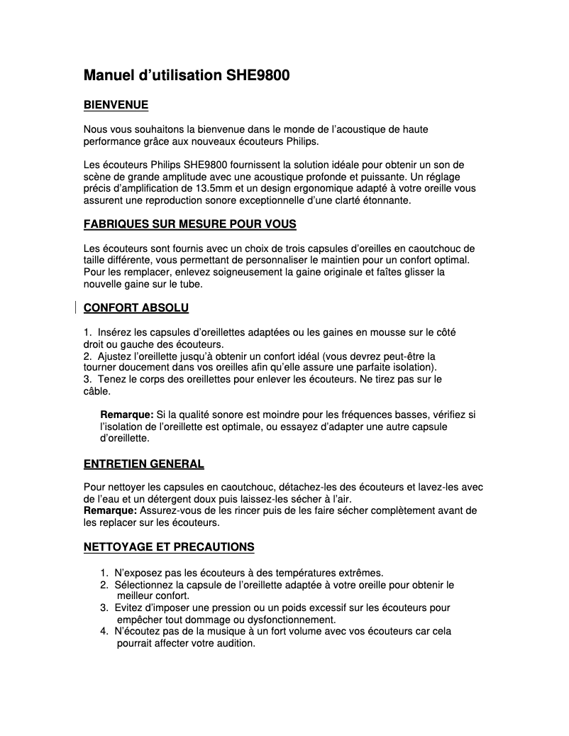 Page n°1 - Manuel utilisateur Philips SHE9800