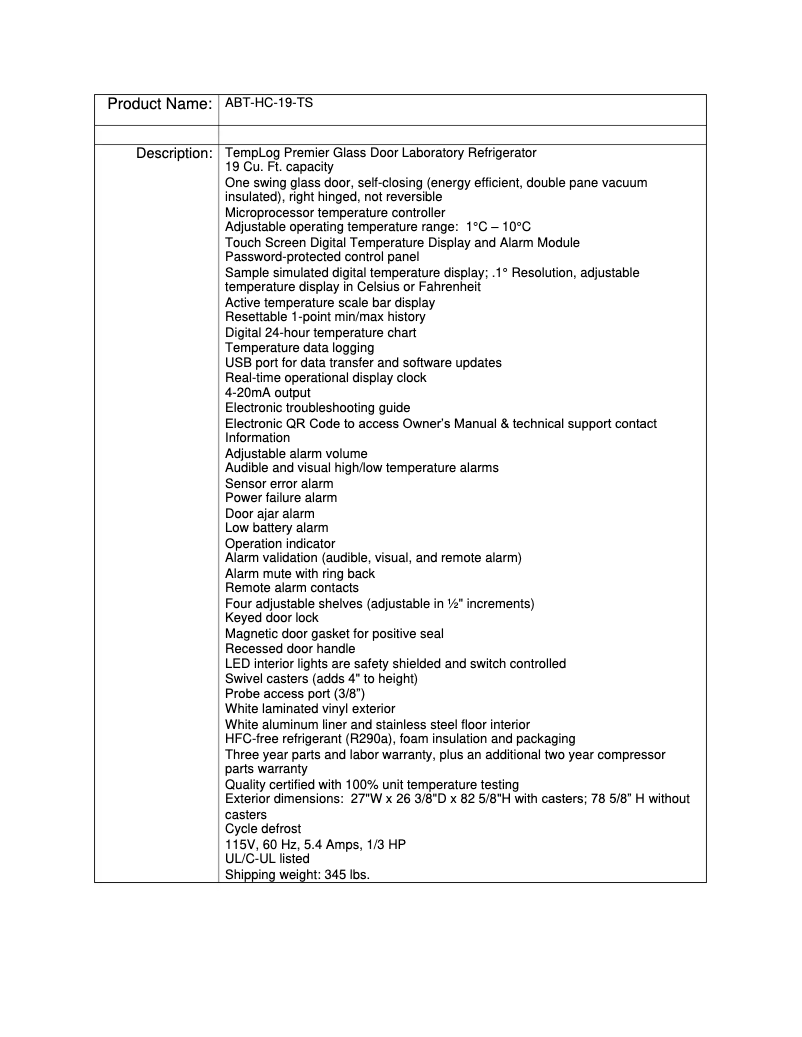 Page 1 de la notice Manuel utilisateur American BioTech Supply ABT-HC-19-TS