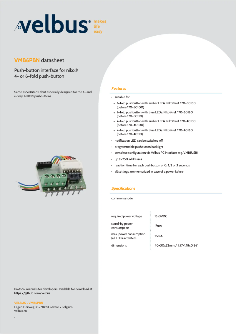 Page n°1 - Manuel utilisateur Velbus VMB6PBN