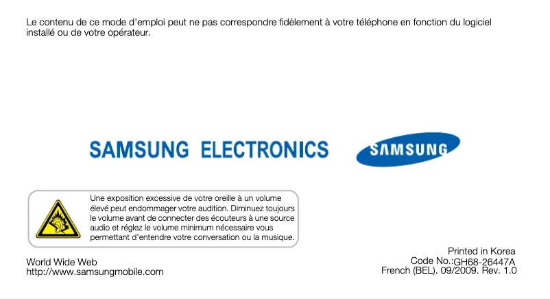 Page 1 de la notice Manuel utilisateur Samsung GT-B3210