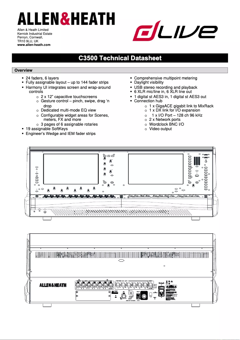 Page 1 de la notice Fiche technique Allen & Heath dLive C3500