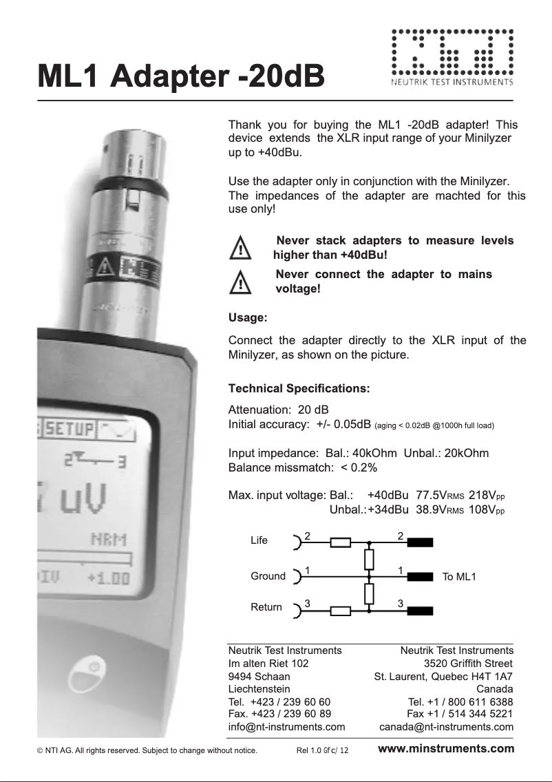 Page n°1 - Manuel utilisateur NTi Audio ML1