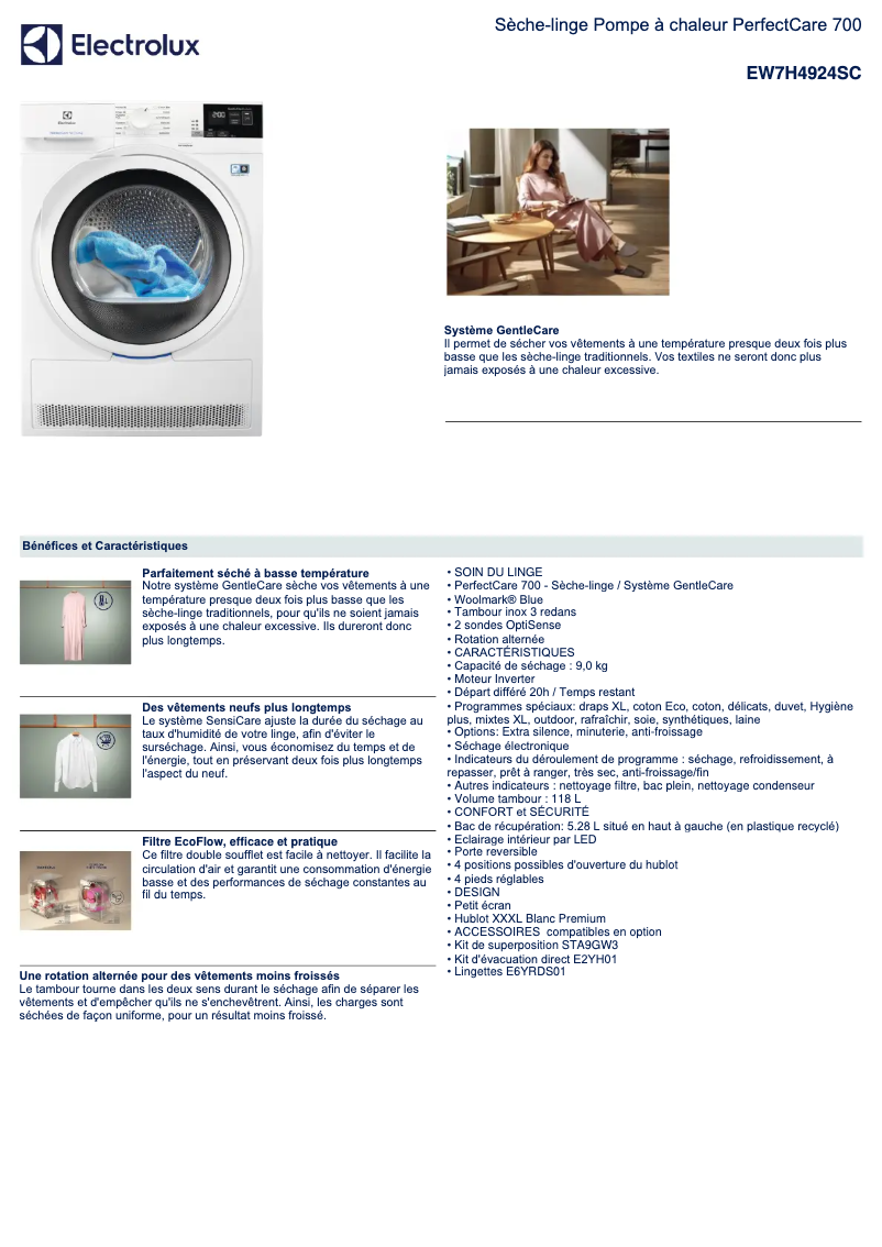 Page 1 de la notice Fiche technique Electrolux EW7H4924SC