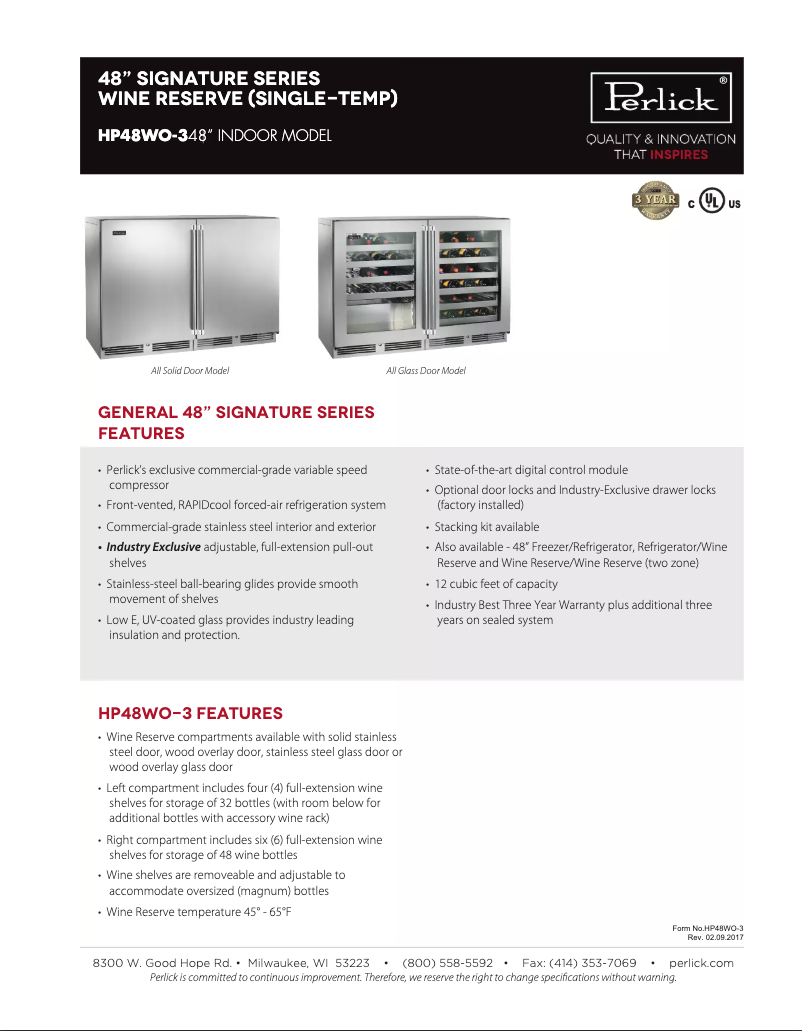 Page n°1 - Fiche technique Perlick Signature Series HP48WO-S-3-4L-2R
