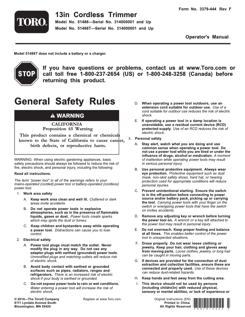 Page 1 de la notice Manuel utilisateur Toro 51488T