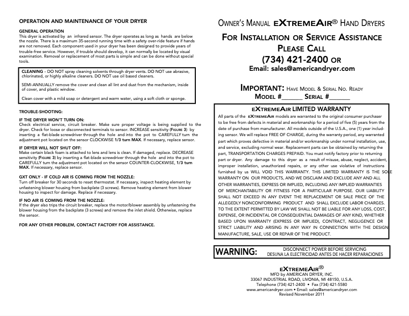 Page n°1 - Manuel utilisateur American Dryer ExtremeAir EXT7-SS