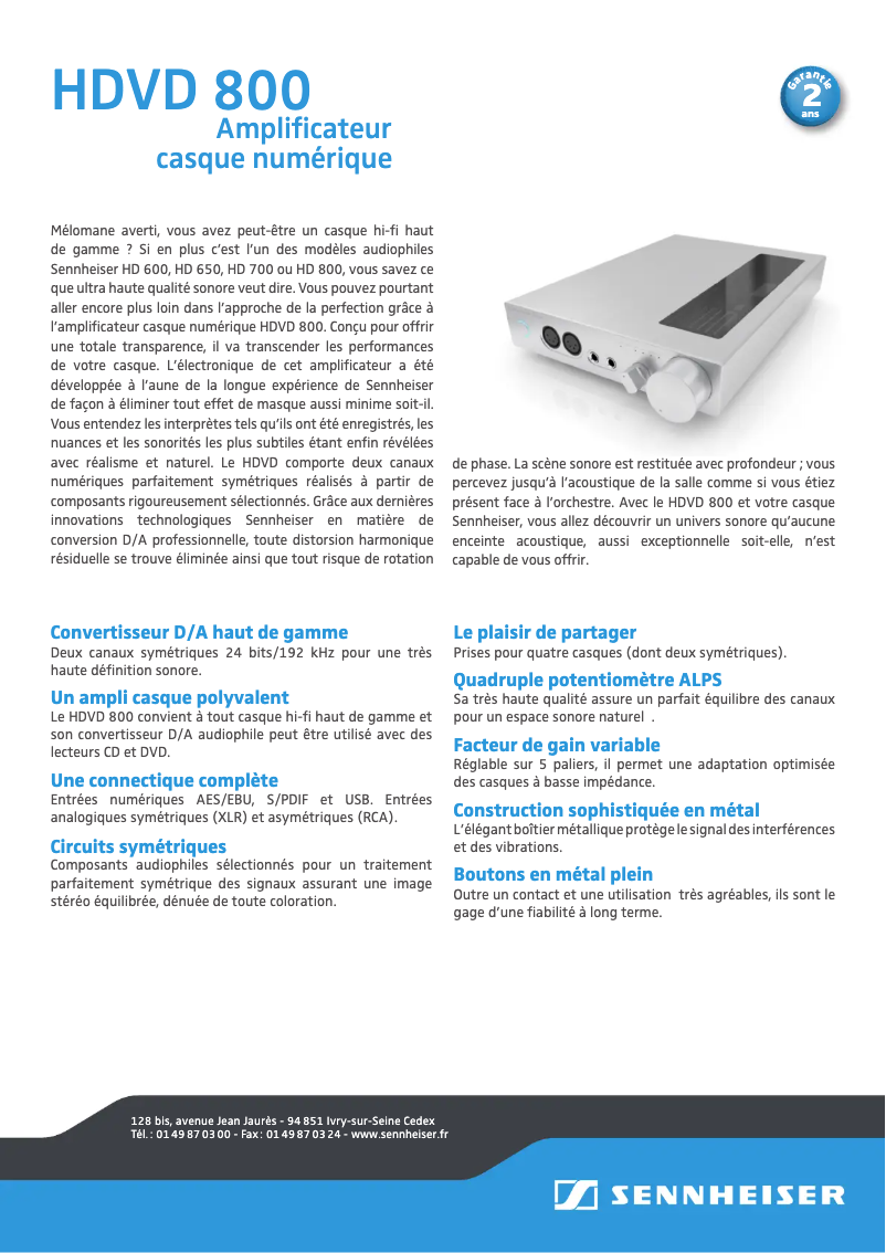 Page 1 de la notice Fiche technique Sennheiser HDVD 800