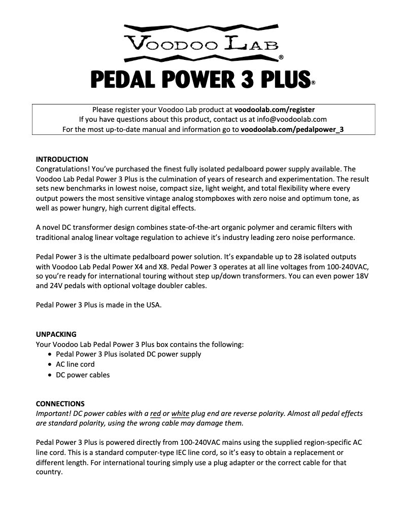 Page 1 de la notice Manuel utilisateur Voodoo Lab Pedal Power 3 Plus