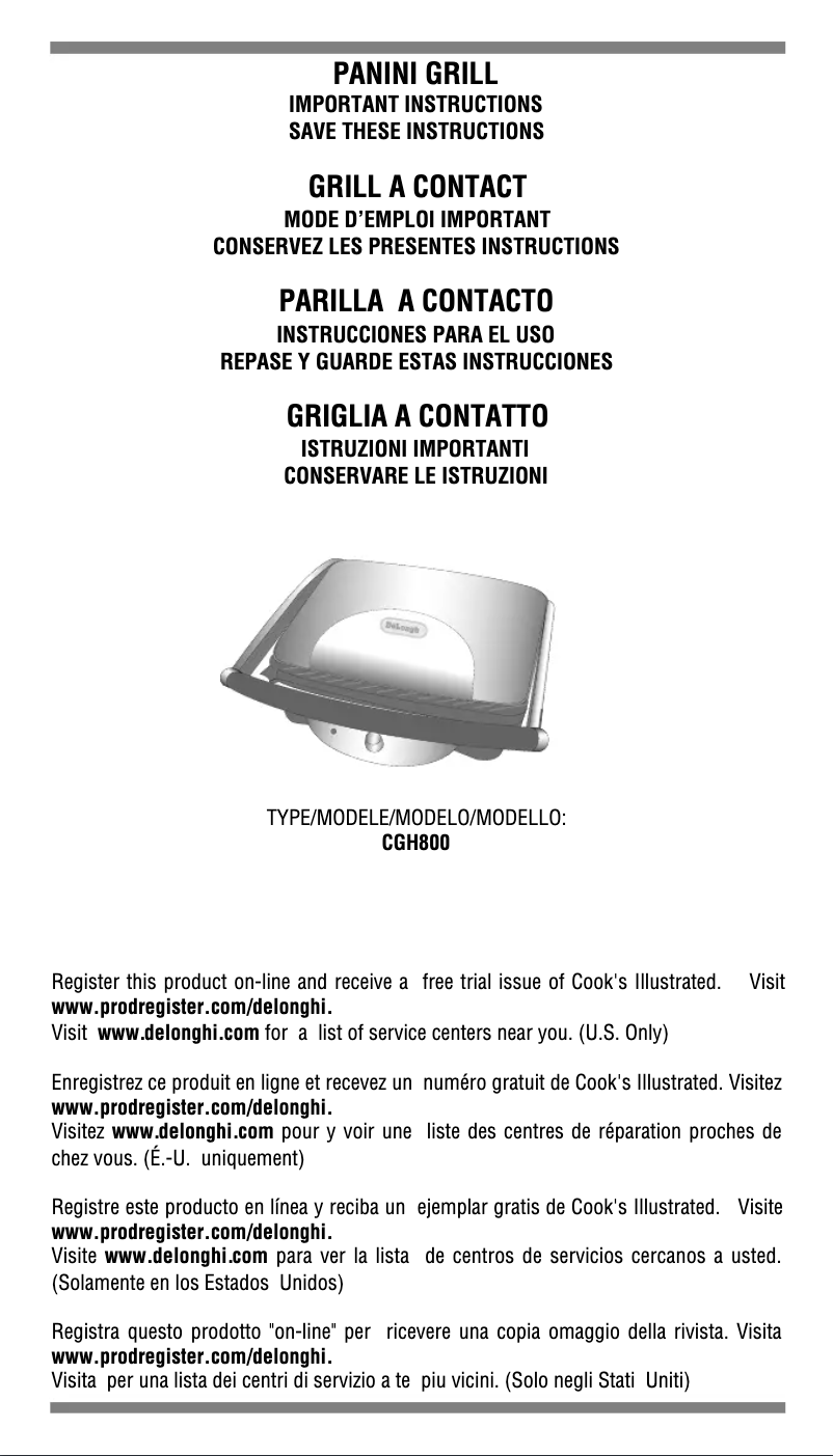 Page 1 de la notice Manuel utilisateur DeLonghi CGH800