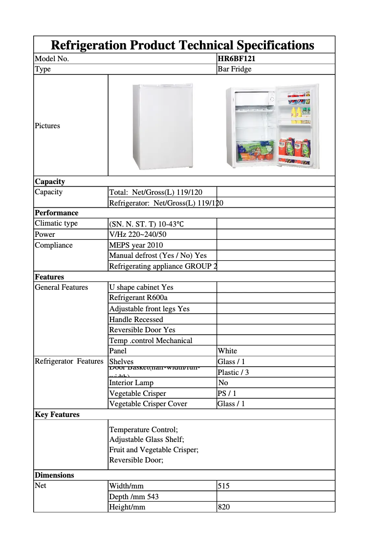 Page 1 de la notice Fiche technique Hisense HR6BF121S