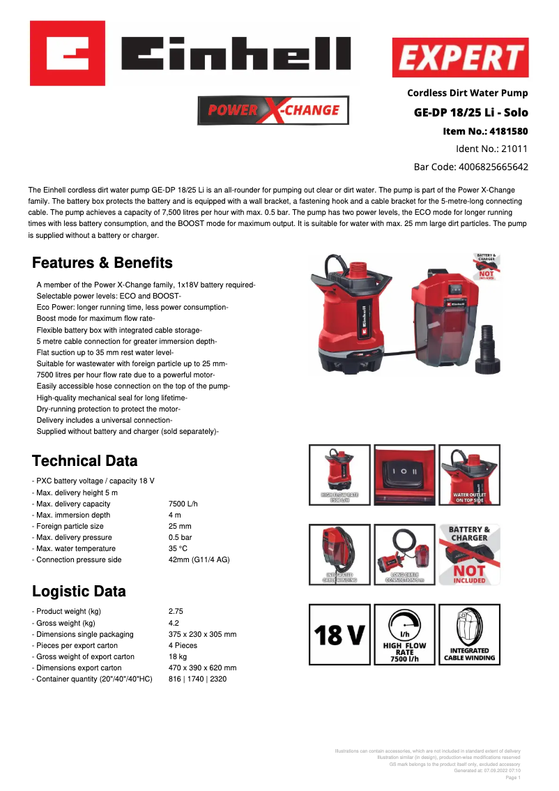 Page 1 de la notice Fiche technique Einhell GE-DP 18/25 Li