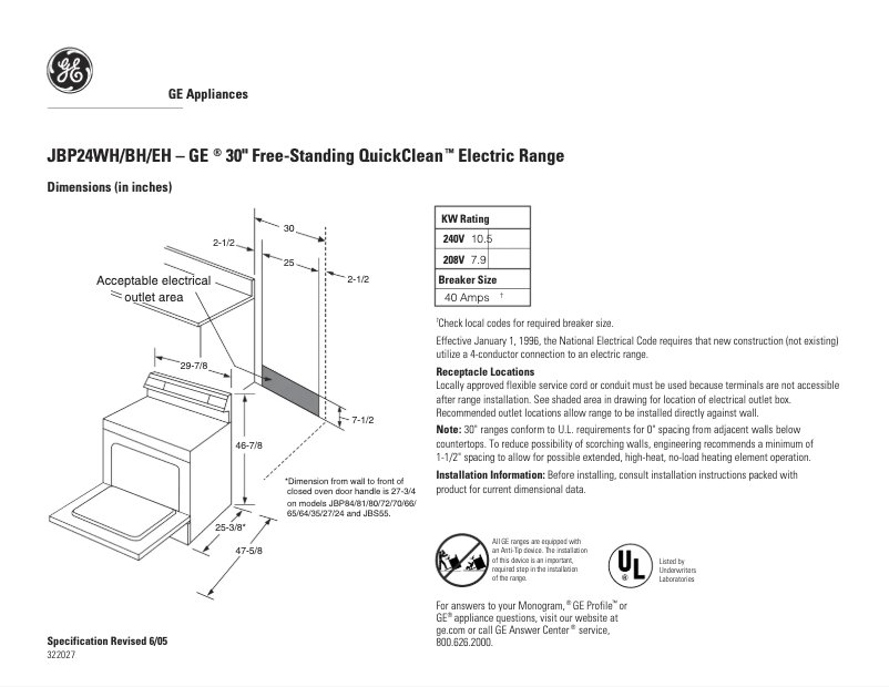 Page n°1 - Fiche technique GE JBP24EHBB