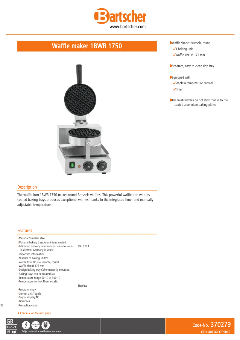 Page 1 de la notice Fiche technique Bartscher 1BWR 1750