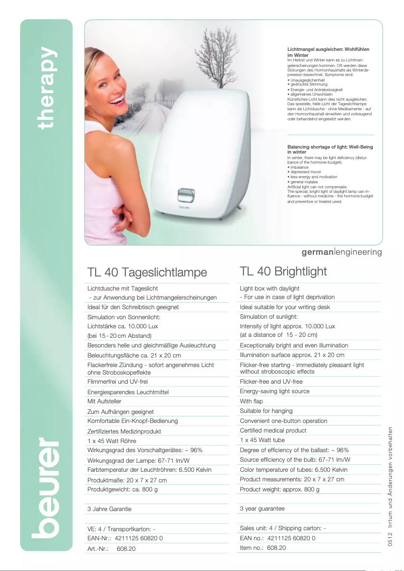 Page 1 de la notice Fiche technique Beurer TL 40