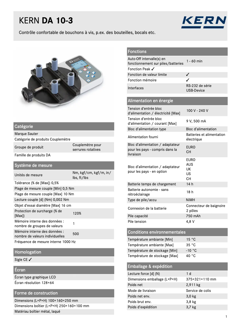 Page 1 de la notice Fiche technique Kern DA 10-3
