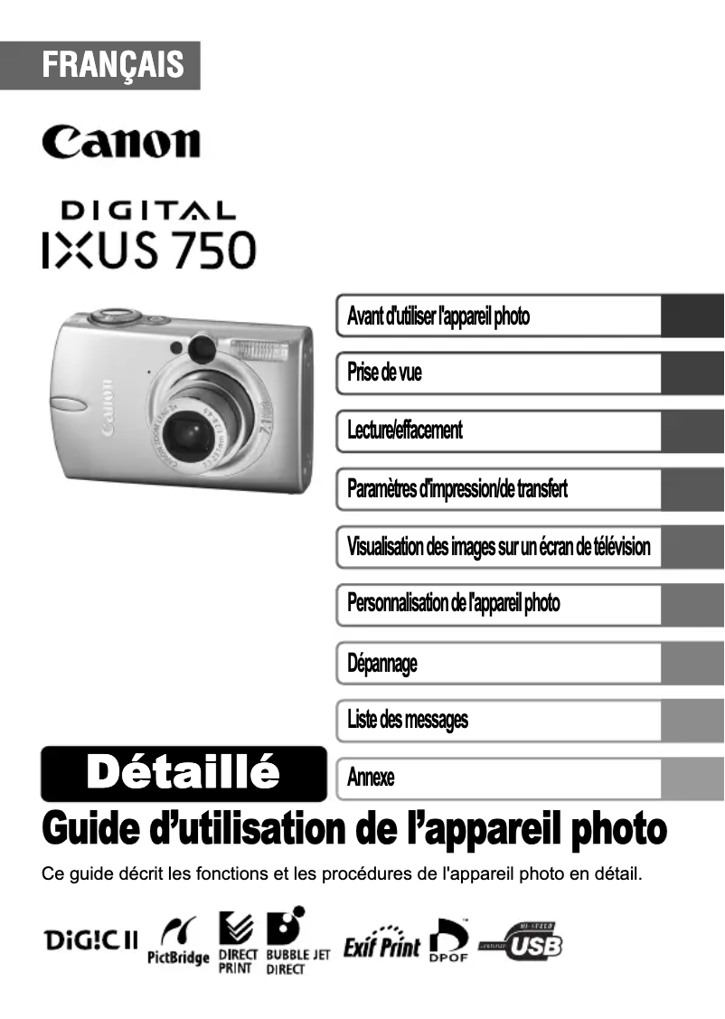 Page 1 de la notice Manuel utilisateur Canon Digital IXUS 750