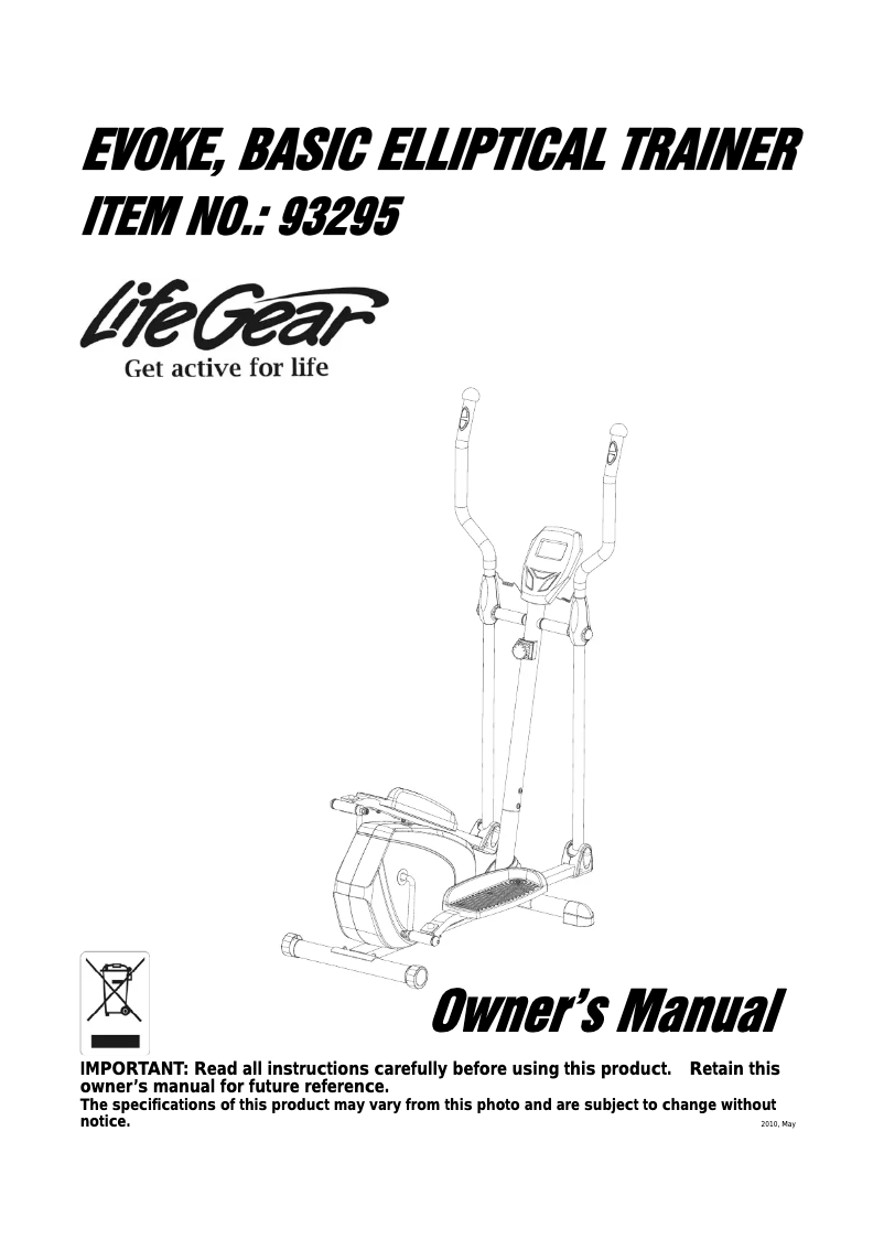 Image de la première page du manuel de l'appareil Evoke Basic Elliptical Trainer 93295