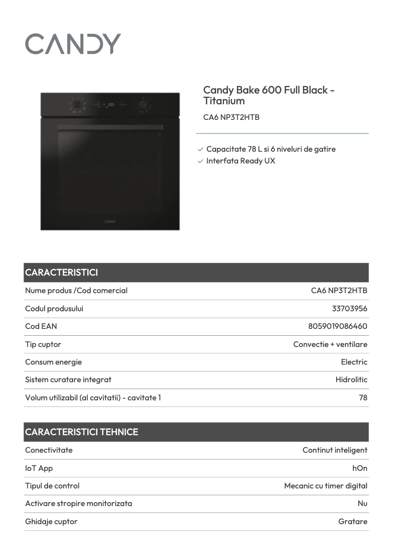 Page 1 de la notice Fiche technique Candy CA6 NP3T2HTB