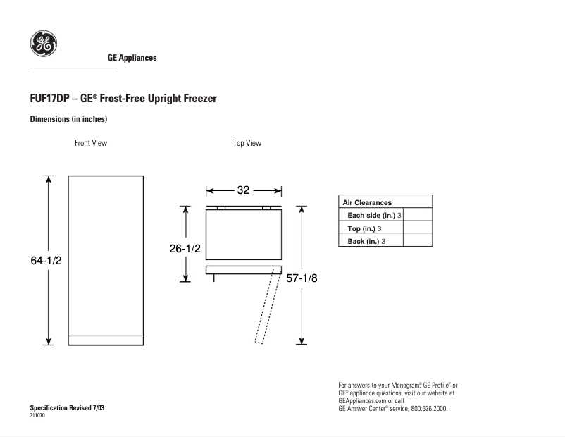 Page n°1 - Fiche technique GE FUF17DPRWH