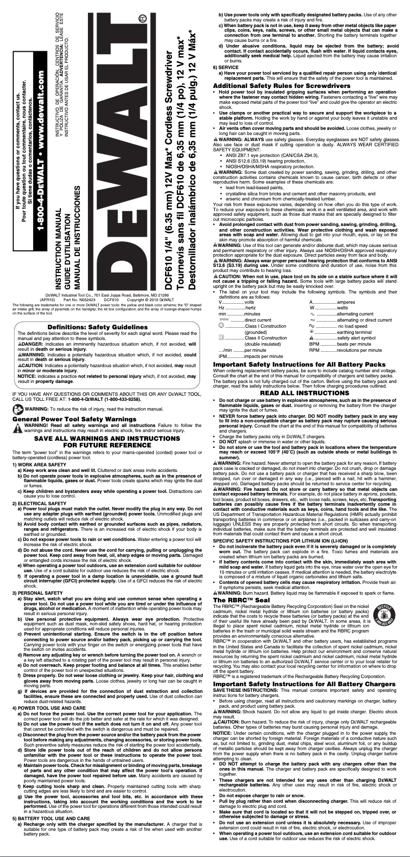 Page 1 de la notice Manuel d'utilisation et d'entretien DeWalt DCF610