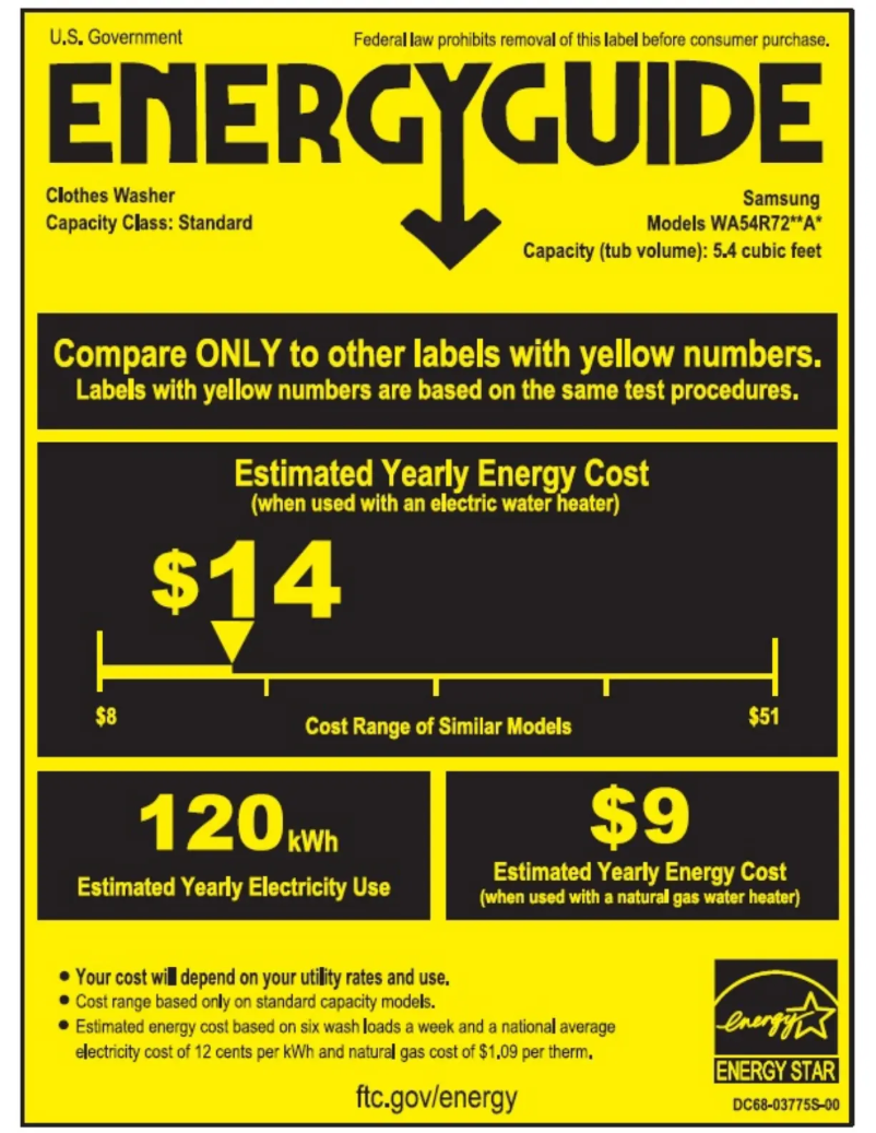 Page 1 de la notice Label énergétique Samsung WA54R7200AV