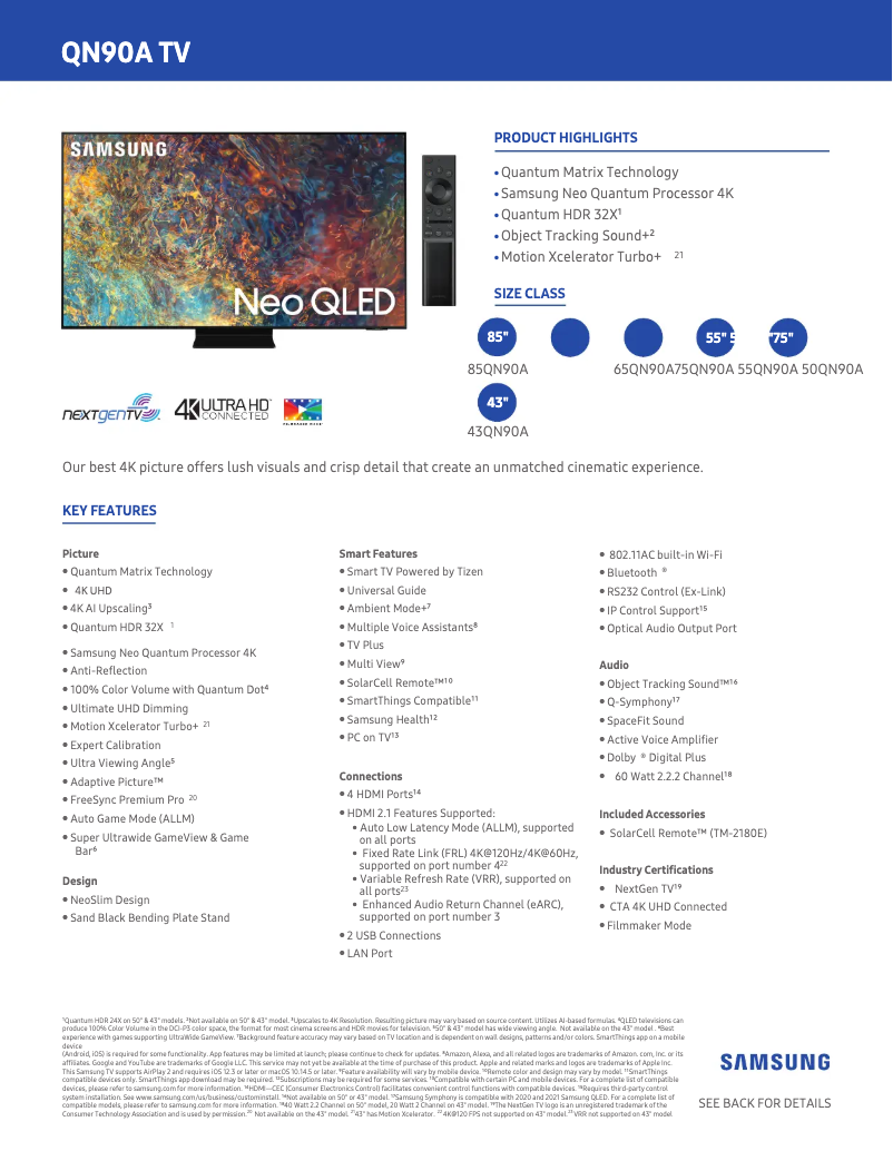 Page 1 de la notice Fiche technique Samsung QN43QN90AAFXZA