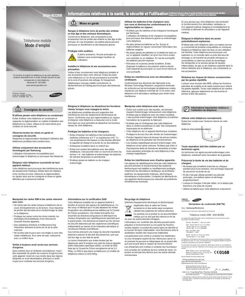 Page n°1 - Manuel utilisateur Samsung SGH-B220B