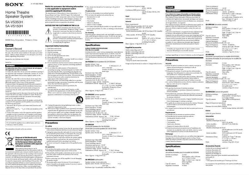 Page 1 de la notice Manuel utilisateur Sony SA-VS150H