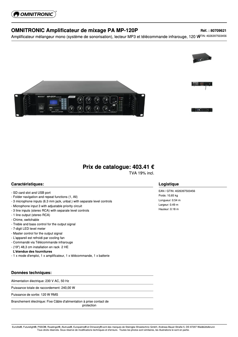 Page 1 de la notice Fiche technique Omnitronic MP-120P
