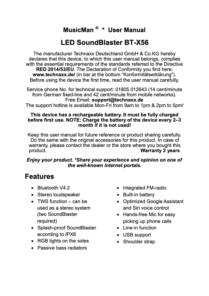 Image de la première page du manuel de l'appareil LED SoundBlaster BT-X56