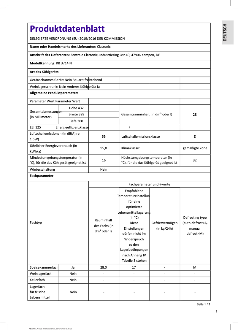 Página 1 del manual Ficha técnica Clatronic KB 3714.1