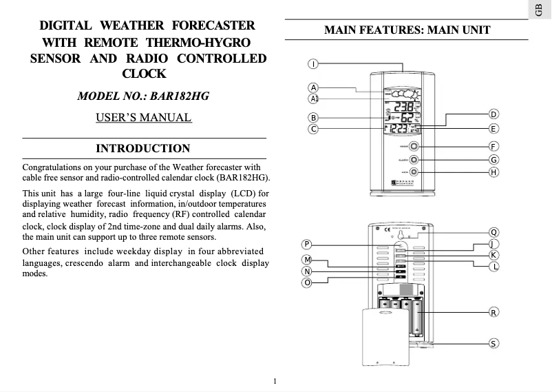 Page 1 de la notice Manuel utilisateur Oregon Scientific BAR 182HG