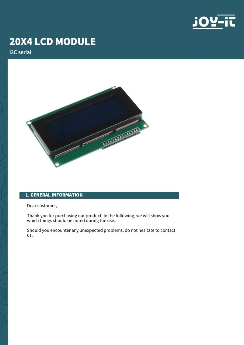 Page n°1 - Manuel utilisateur Joy-It SBC-LCD20x4