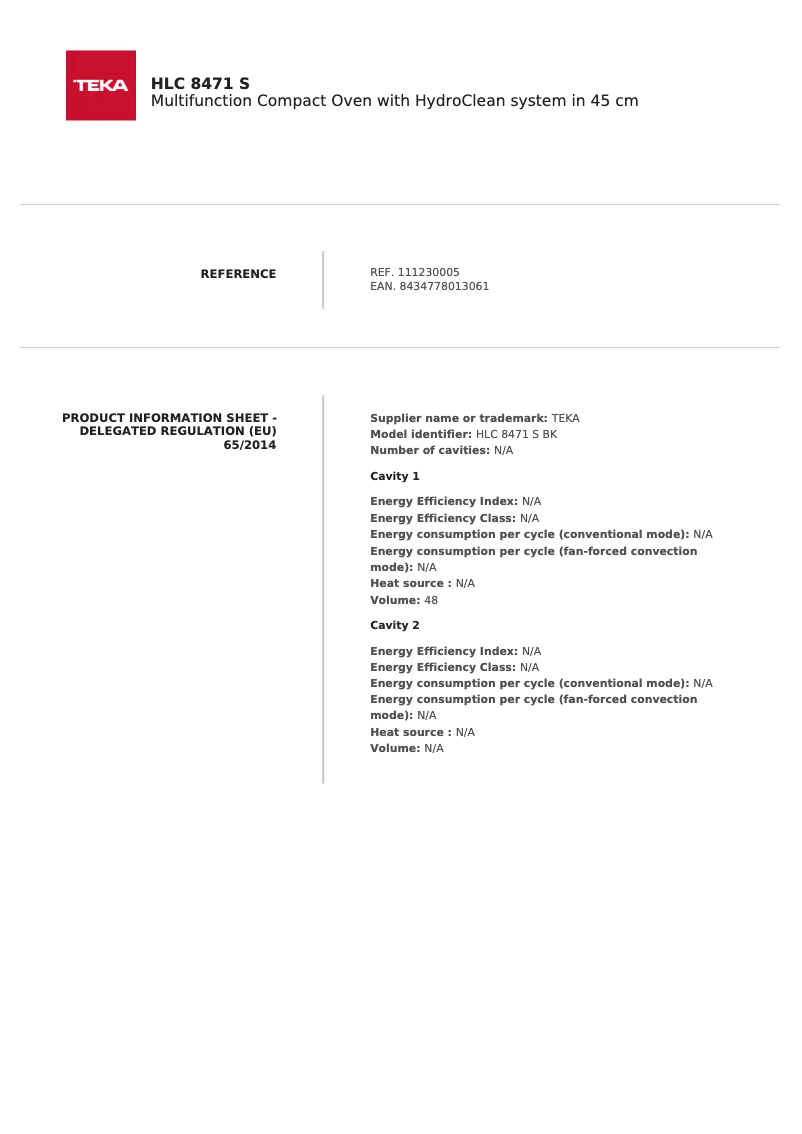 Page 1 de la notice Fiche technique Teka HLC 844 S