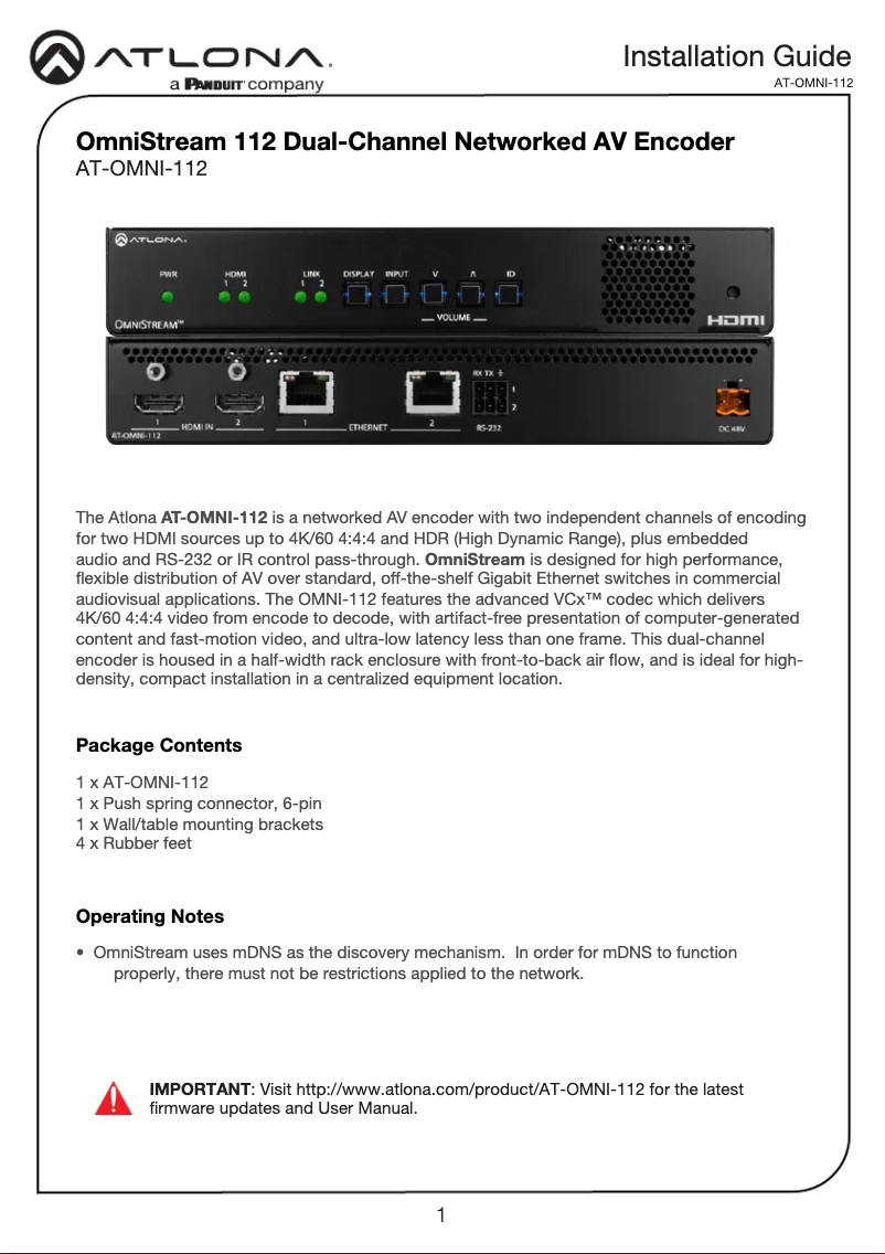 Page 1 de la notice Guide d'installation Atlona AT-OMNI-112