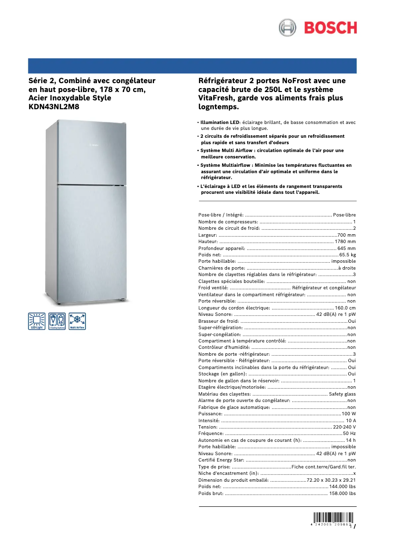 Page n°1 - Fiche technique Bosch KDN43NL2M8