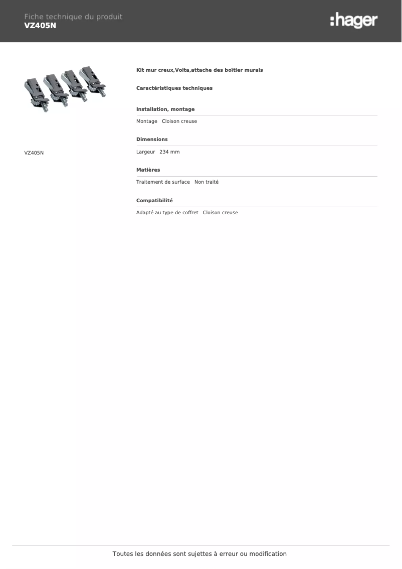 Page n°1 - Fiche technique Hager VZ405N