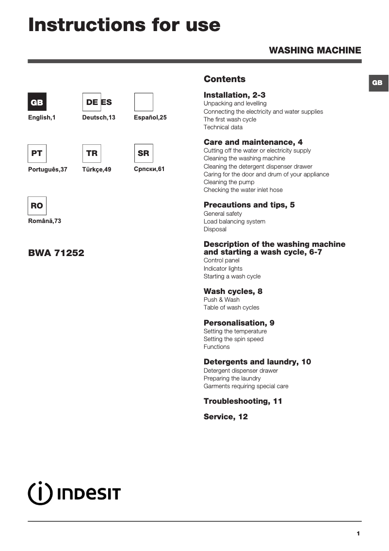 Page 1 de la notice Manuel utilisateur Indesit BWA 71252 W EU